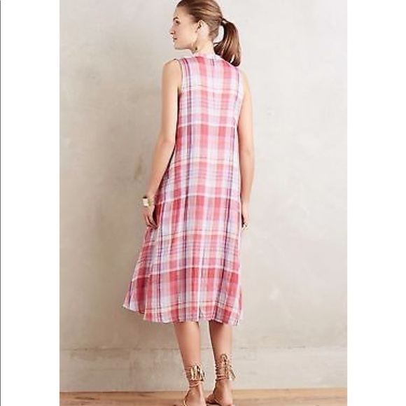 𝅺Anthropologie Pippa Swing Dress Plaid Cotton sleeveless High low summer small - Picture 3 of 8